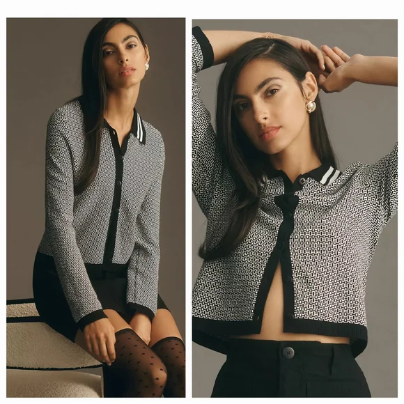 Maeve By Anthropologie Plunging Polo Cardigan Black and White Size‎ XS - Picture 10 of 11